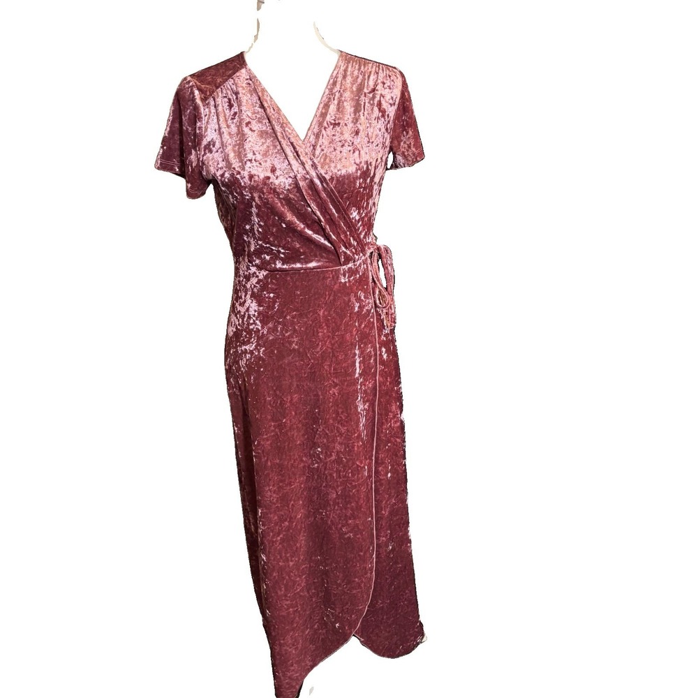 NSR Women Pink Crushed Velvet Wrap Dress Size Medium Maxi Cocktail Wedding
